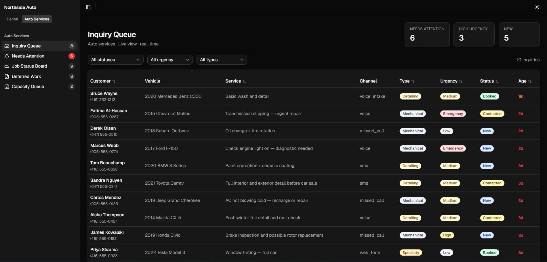 NorthTen FrontDesk inquiry queue showing synthetic demo inquiries with channel, type, urgency, status, and age