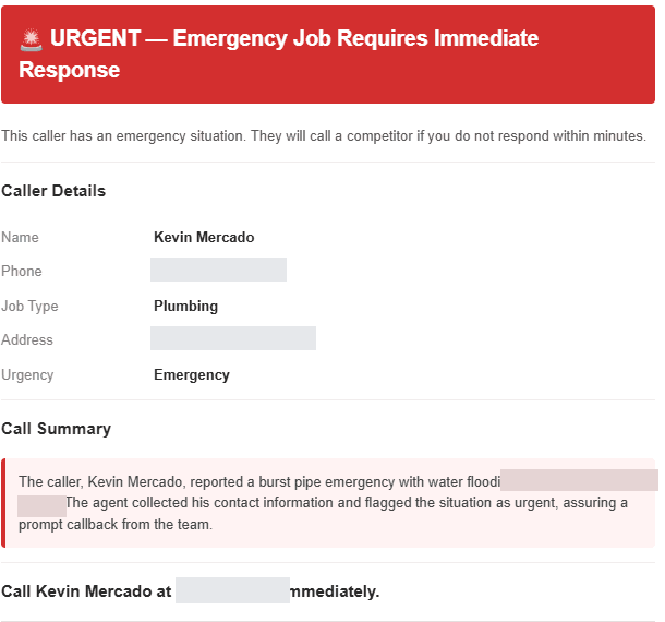 Cropped GC Home Services urgent demo alert with caller phone and address information redacted