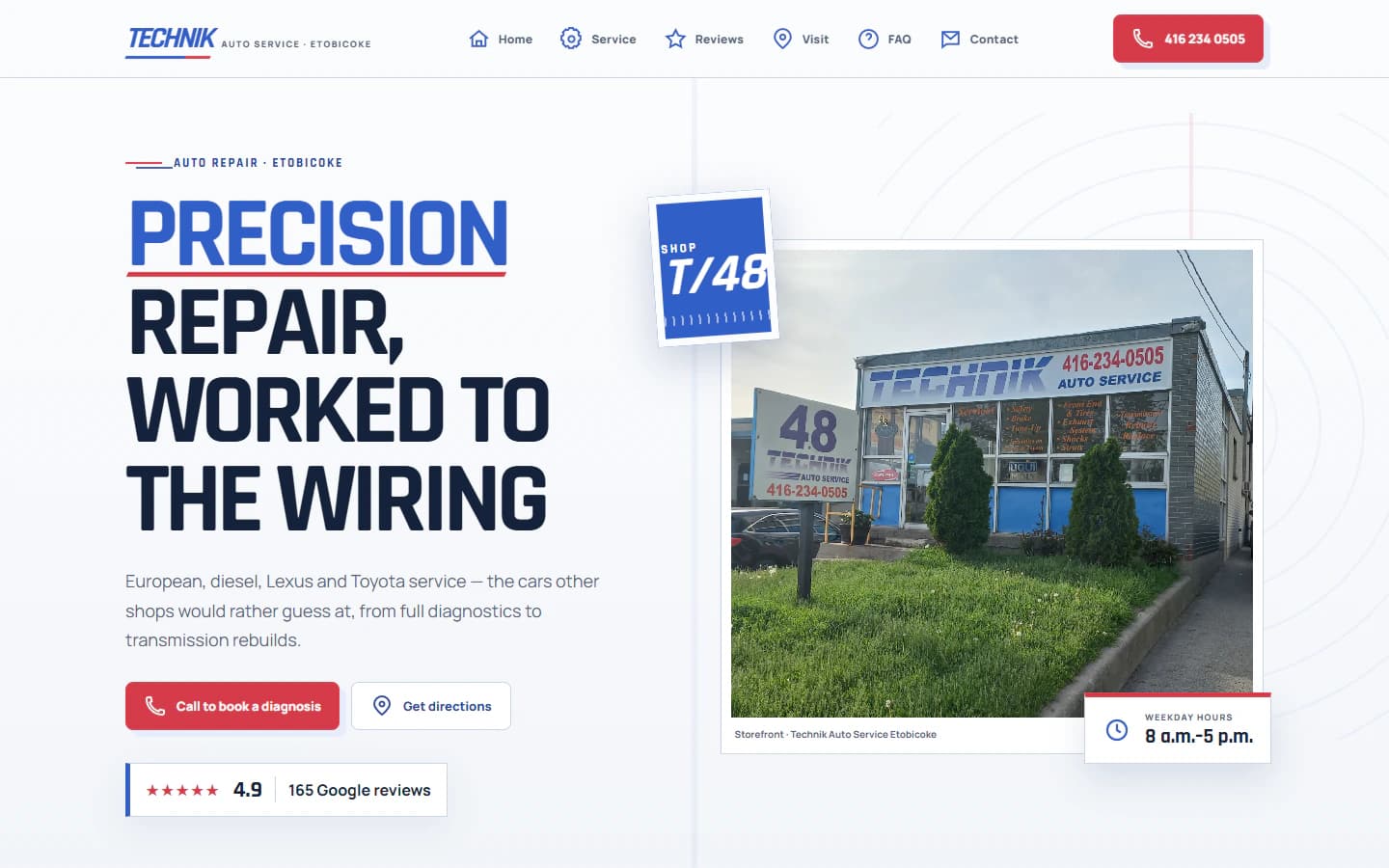 Uncommissioned Technik Auto Service website concept with service positioning, storefront image, review signal, and contact actions